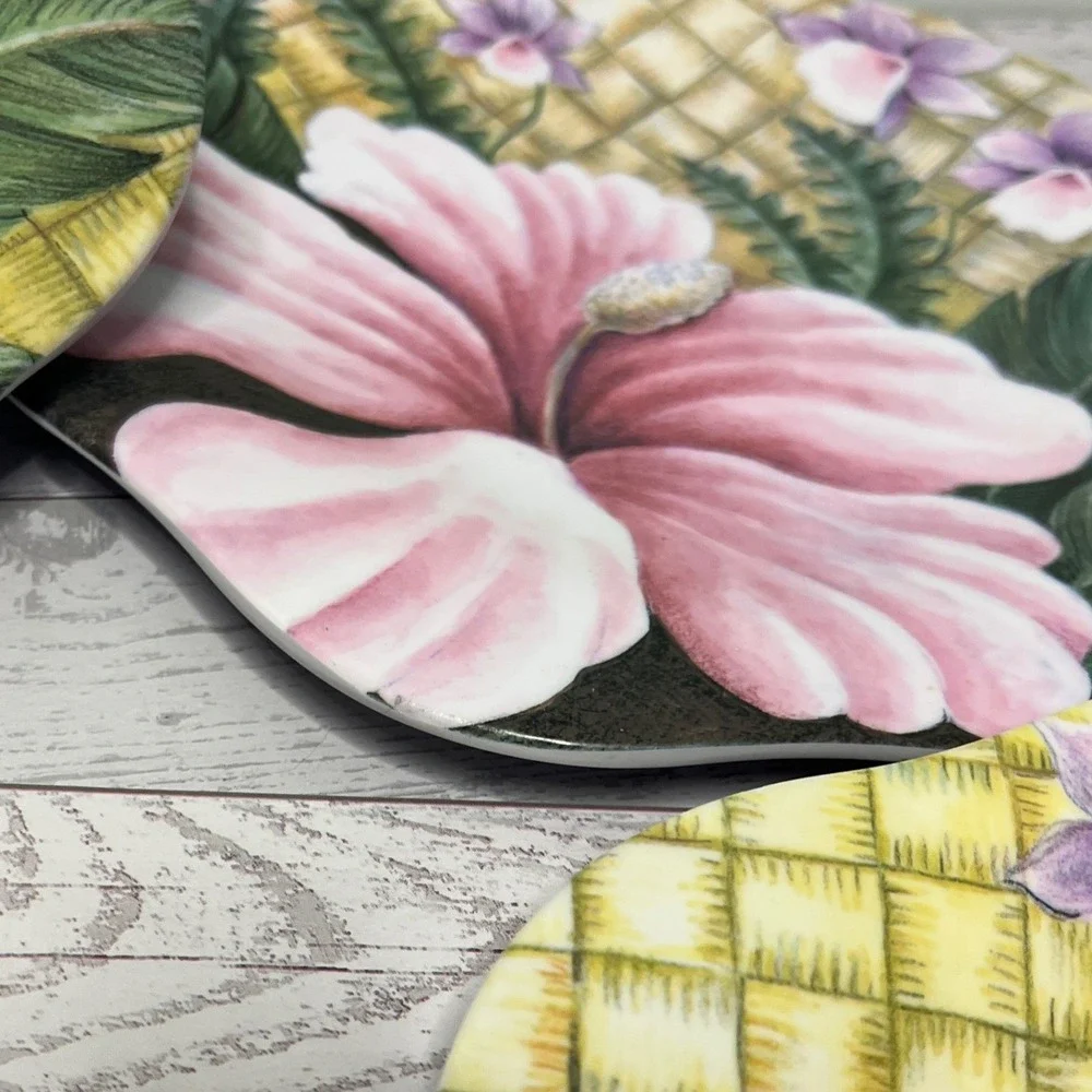 Merritt‎ Set of 4 Tropical Hibiscus Floral Melamine Plates Bamboo Plastic Salad